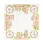Centrotavola Nuvole di Stoffa linea "La Vie en Rose" con illustrazioni di negozi parigini e pasticcerie vintage. Decorazione con ghirlande di rose, cuori azzurri con fiocchi rosa e farfalle su fondo bianco.