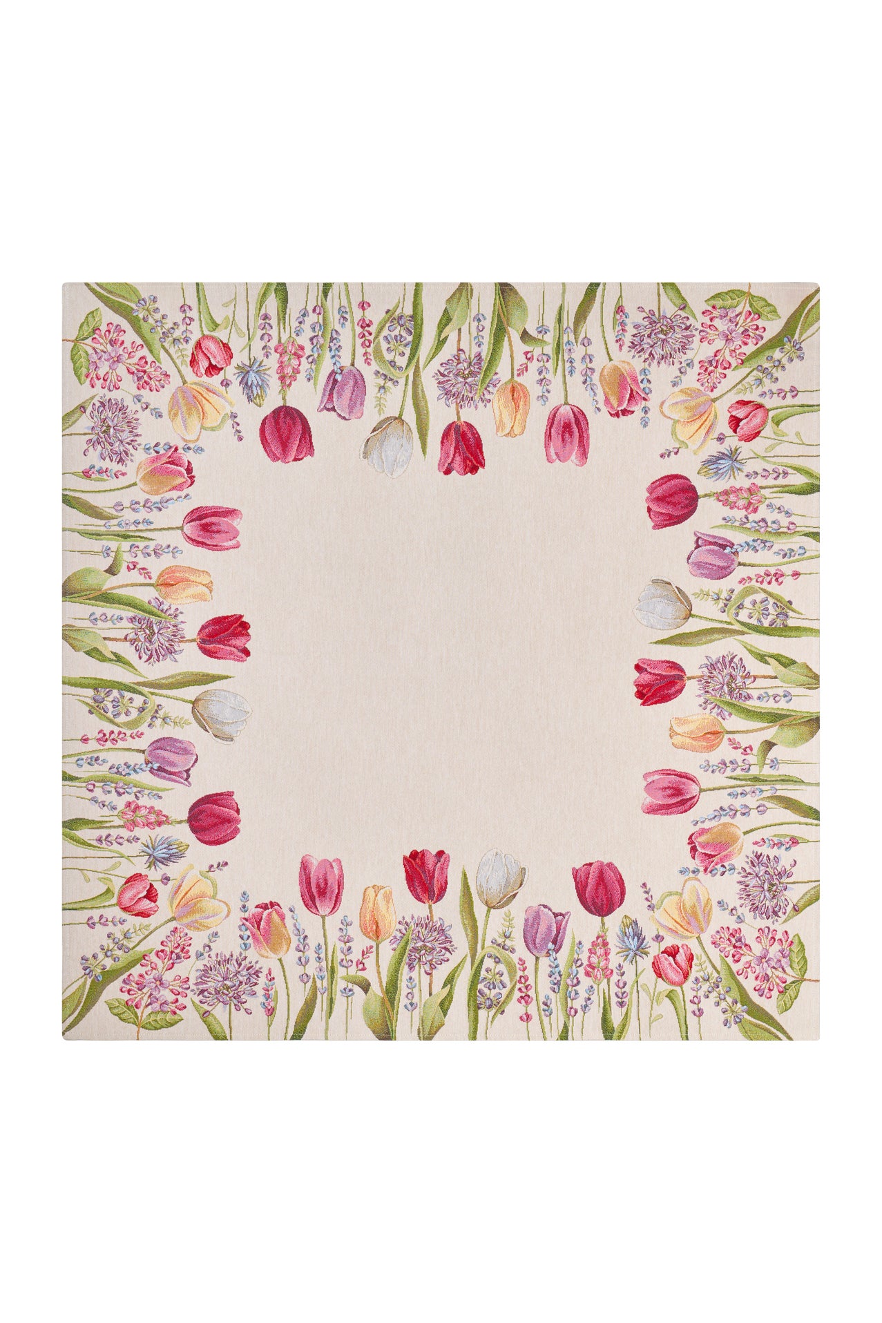 Centrotavola primaverile Nuvole di Stoffa con stampa composta da tulipani colorati, piante e fiori. Tessuto elegante per la tavola di Pasqua 2026