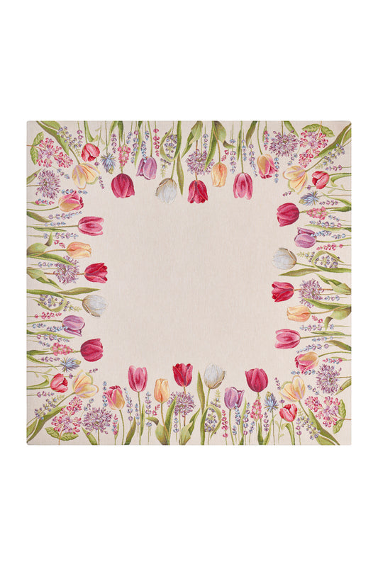 Centrotavola primaverile Nuvole di Stoffa con stampa composta da tulipani colorati, piante e fiori. Tessuto elegante per la tavola di Pasqua 2026