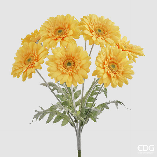 Cespuglio di gerbera artificiali EDG Enzo de Gasperi in silicone giallo con foglie verdi. Fiori realistici e steli uniti, ideali per decorazioni floreali durevoli e home decor.