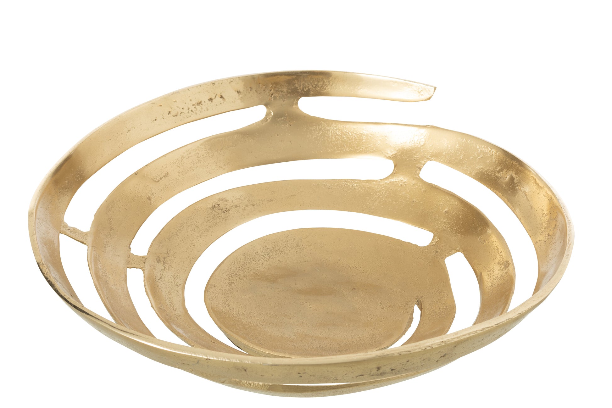 Ciotola decorativa in alluminio color oro con un particolare design a fasce curve orizzontali e spazi vuoti. La finitura superficiale è materica e leggermente irregolare. Vista leggermente dall'alto