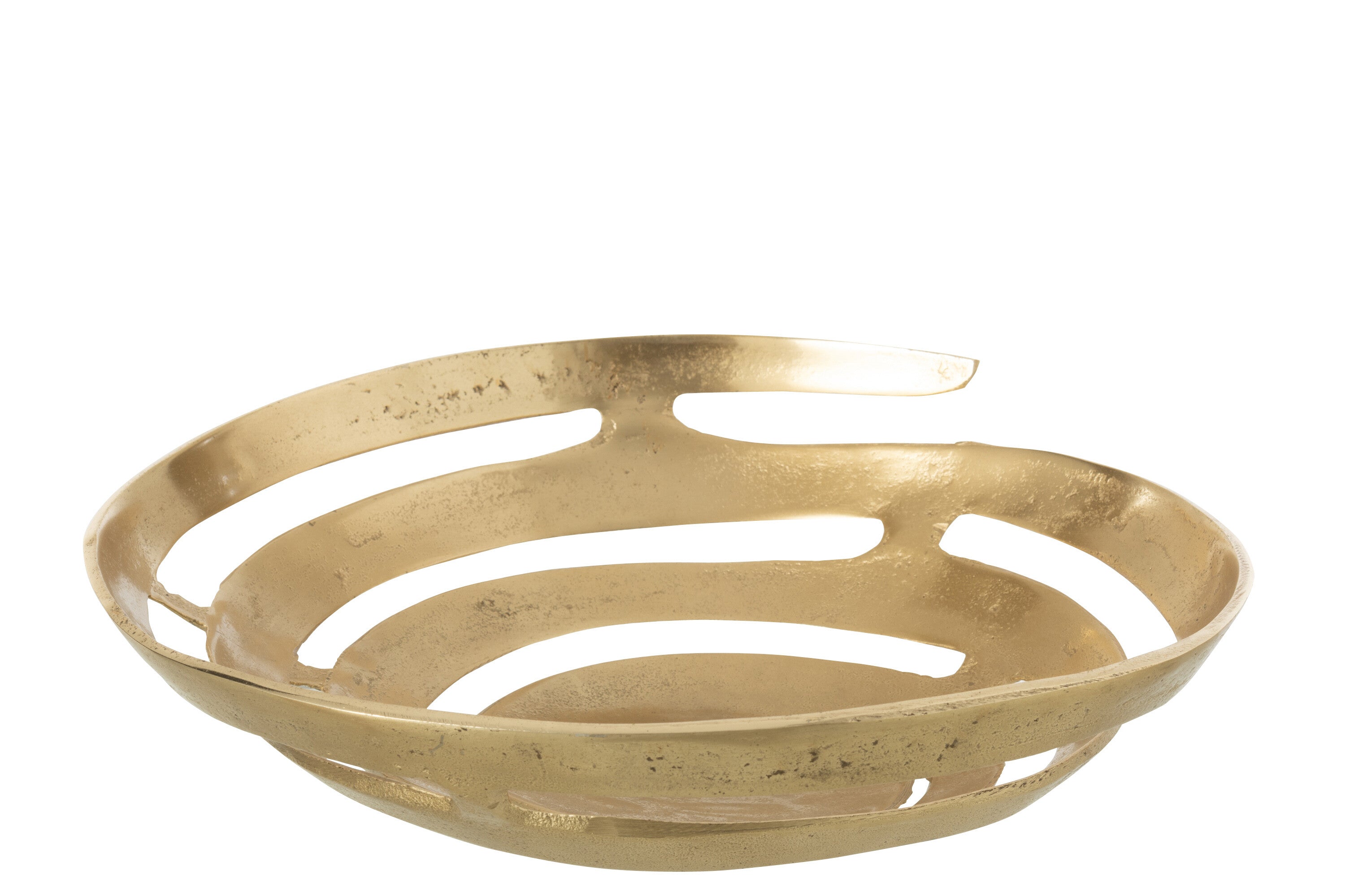 Ciotola decorativa in alluminio color oro con un particolare design a fasce curve orizzontali e spazi vuoti. La finitura superficiale è materica e leggermente irregolare.