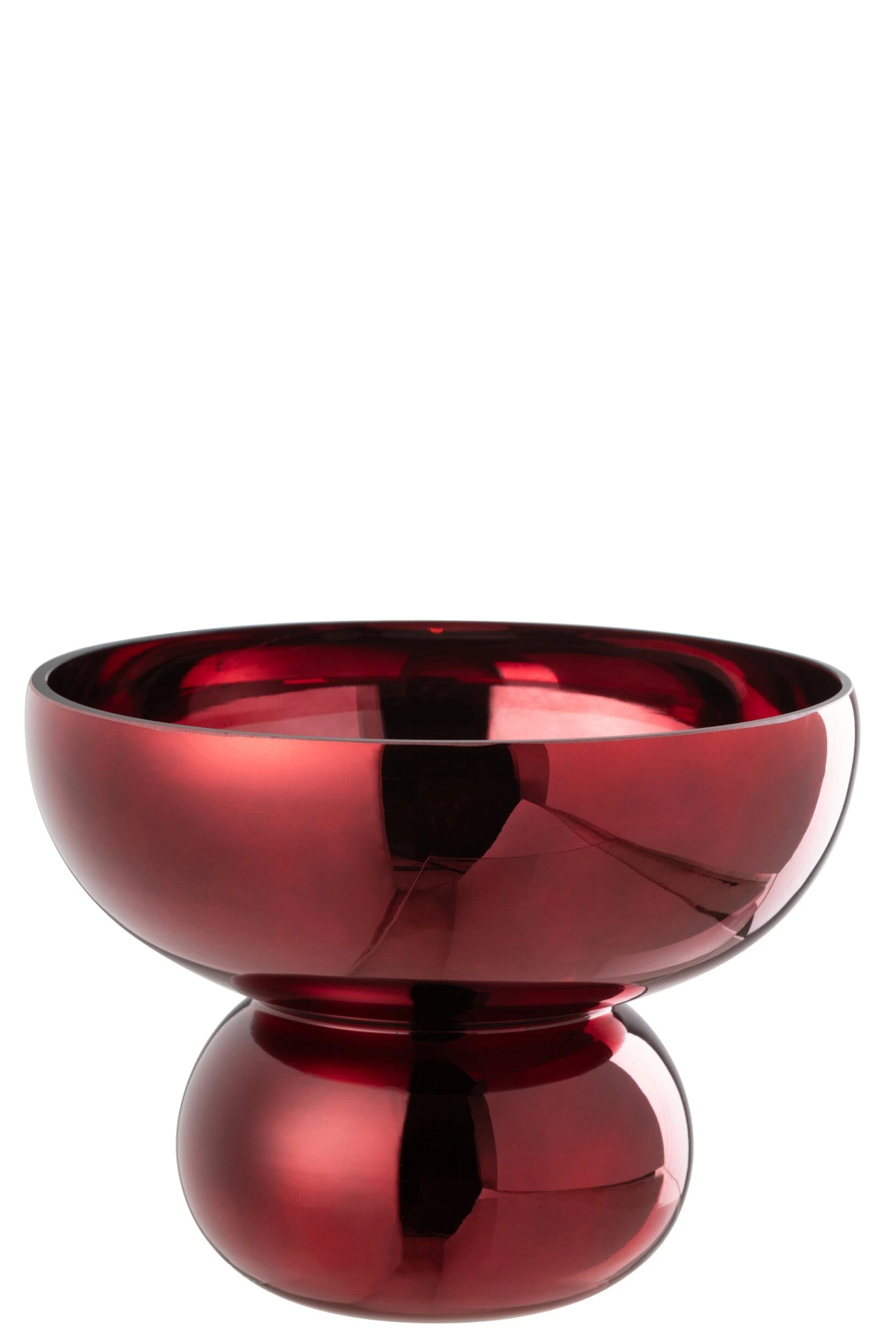 Ciotola con piede arrotondata in vetro lucido color rosso scuro firmata Jolipa, caratterizzata da un'ampia coppa superiore supportata da una base sferica dal design moderno. Questo elegante centrotavola decorativo vanta una finitura metallizzata a specchio altamente riflettente, ideale come raffinato complemento d'arredo o svuotatasche per impreziosire interni contemporanei.