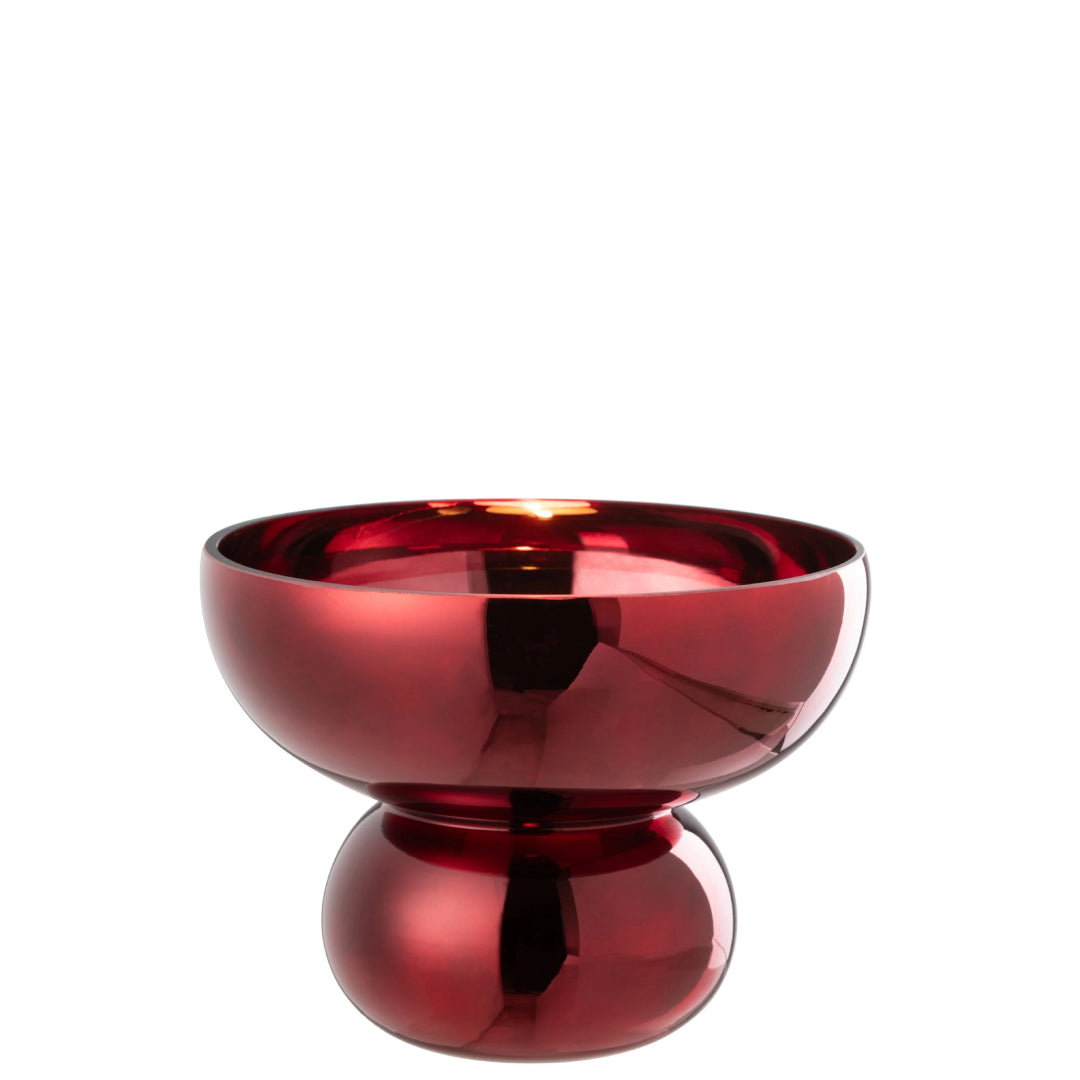Ciotola con piede arrotondata in vetro lucido color rosso scuro firmata Jolipa, caratterizzata da un'ampia coppa superiore supportata da una base sferica dal design moderno. Questo elegante centrotavola decorativo vanta una finitura metallizzata a specchio altamente riflettente, ideale come raffinato complemento d'arredo o svuotatasche per impreziosire interni contemporanei.
