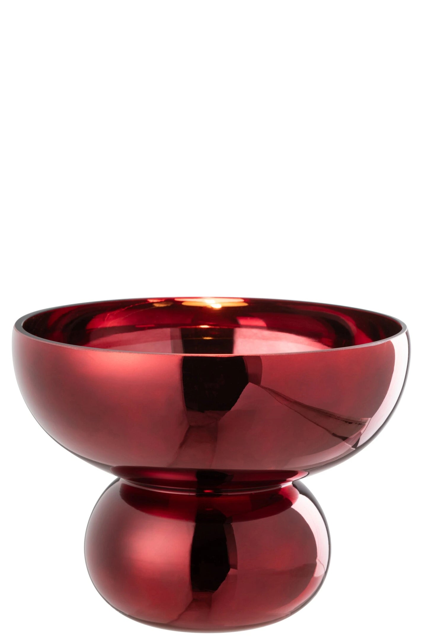 Ciotola con piede arrotondata in vetro lucido color rosso scuro firmata Jolipa, caratterizzata da un'ampia coppa superiore supportata da una base sferica dal design moderno. Questo elegante centrotavola decorativo vanta una finitura metallizzata a specchio altamente riflettente, ideale come raffinato complemento d'arredo o svuotatasche per impreziosire interni contemporanei.