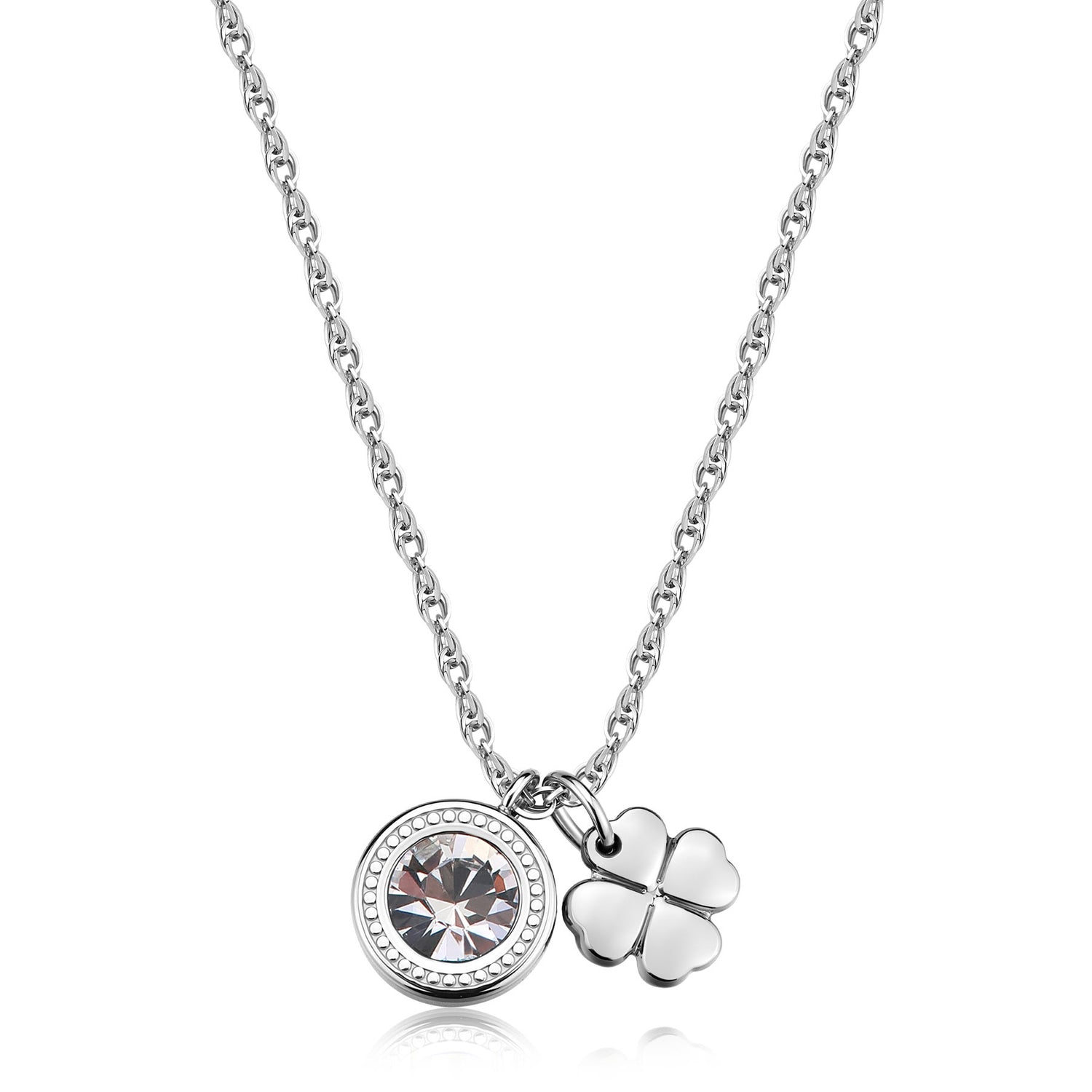 Collana in acciaio 316L con sottile catena a maglia ritorta. Presenta due pendenti: un cristallo circolare incastonato in una ghiera d'acciaio e un charm a forma di quadrifoglio lucido.