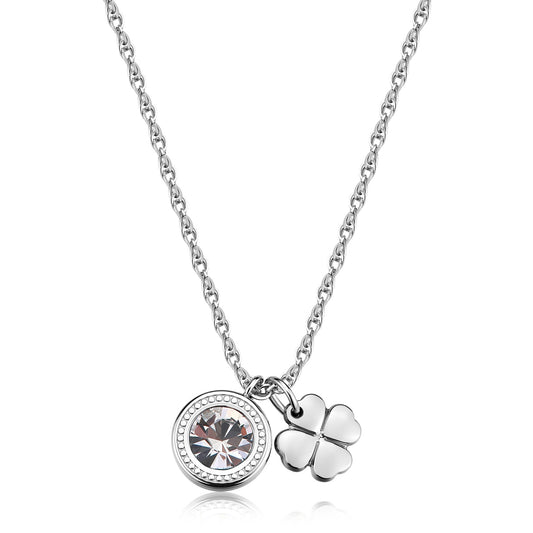 Collana in acciaio 316L con sottile catena a maglia ritorta. Presenta due pendenti: un cristallo circolare incastonato in una ghiera d'acciaio e un charm a forma di quadrifoglio lucido.