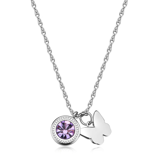 Collana in acciaio 316L con sottile catena a maglia ritorta. Presenta due pendenti: un cristallo viola circolare incastonato in una ghiera d'acciaio e un charm a forma di farfalla lucido.