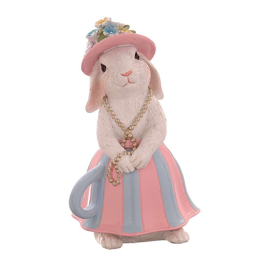 Decorazione pasquale Vetur in poliresina. Coniglietto bianco con cappellino floreale e vestito a righe rosa e azzurre che funge da tazza creativa. Dettaglio con collana di perle, altezza 17,3 cm.