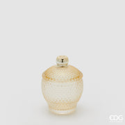 Contenitore decorativo EDG Enzo de Gasperi in vetro giallo lavorato con trama a rilievo. Design bombato con coperchio coordinato e pomello dorato, ideale come portaoggetti o elemento d'arredo.