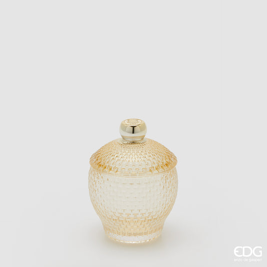 Contenitore decorativo EDG Enzo de Gasperi in vetro giallo lavorato con trama a rilievo. Design bombato con coperchio coordinato e pomello dorato, ideale come portaoggetti o elemento d'arredo.