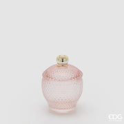 Contenitore decorativo EDG Enzo de Gasperi in vetro rosa lavorato con trama a rilievo. Design bombato con coperchio coordinato e pomello dorato, ideale come portaoggetti o elemento d'arredo.