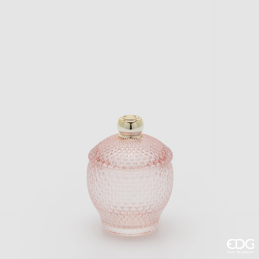 Contenitore decorativo EDG Enzo de Gasperi in vetro rosa lavorato con trama a rilievo. Design bombato con coperchio coordinato e pomello dorato, ideale come portaoggetti o elemento d'arredo.