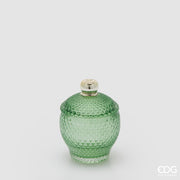 Contenitore decorativo EDG Enzo de Gasperi in vetro verde lavorato con trama a rilievo. Design bombato con coperchio coordinato e pomello dorato, ideale come portaoggetti o elemento d'arredo.