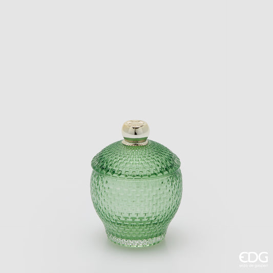 Contenitore decorativo EDG Enzo de Gasperi in vetro verde lavorato con trama a rilievo. Design bombato con coperchio coordinato e pomello dorato, ideale come portaoggetti o elemento d'arredo.