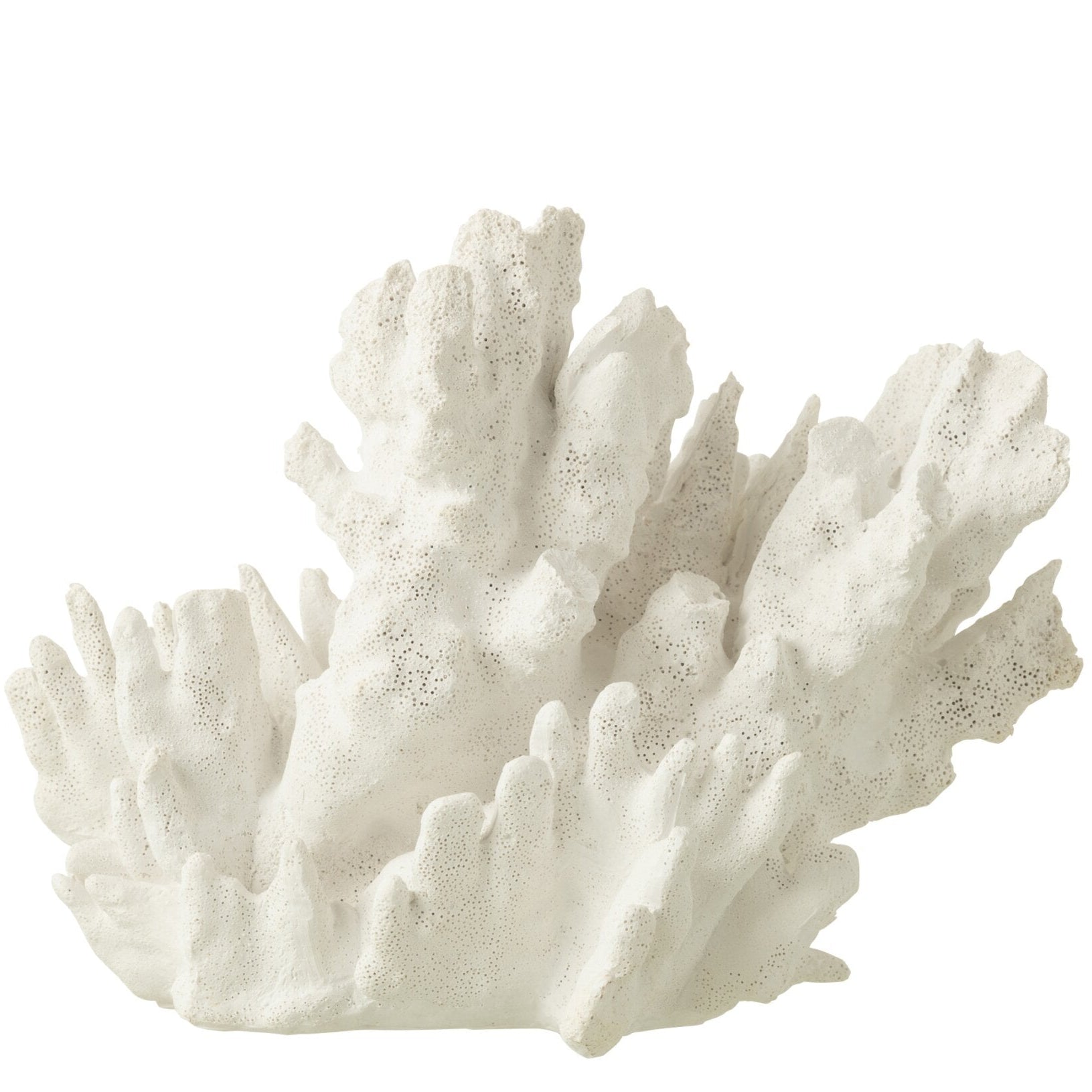 Scultura decorativa in resina a forma di corallo bianco di grandi dimensioni della collezione "Oceano Azul", caratterizzata da una struttura ramificata ricca di dettagli e ramificazioni realistiche. Questo soprammobile d'ispirazione marina presenta una superficie porosa dall'aspetto naturale, ideale come elegante elemento d'arredo per completare ambienti in stile costiero o moderno.