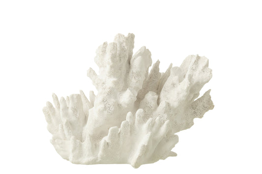 Scultura decorativa in resina a forma di corallo bianco di grandi dimensioni della collezione "Oceano Azul", caratterizzata da una struttura ramificata ricca di dettagli e ramificazioni realistiche. Questo soprammobile d'ispirazione marina presenta una superficie porosa dall'aspetto naturale, ideale come elegante elemento d'arredo per completare ambienti in stile costiero o moderno.