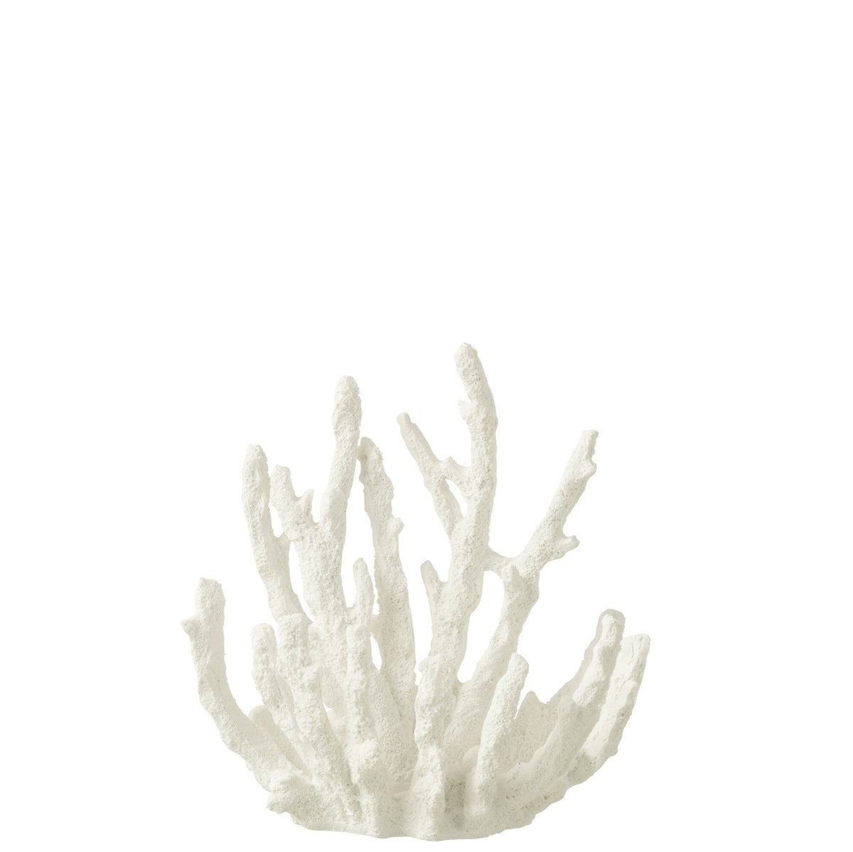 Corallo in resina bianco della linea "Oceano Azul" di Jolipa, una decorazione elegante di piccole dimensioni ideale per completare un arredamento in stile marinaro o coastal. L'oggetto ornamentale riproduce fedelmente le ramificazioni naturali del corallo marino ed è fotografato su uno sfondo bianco pulito.