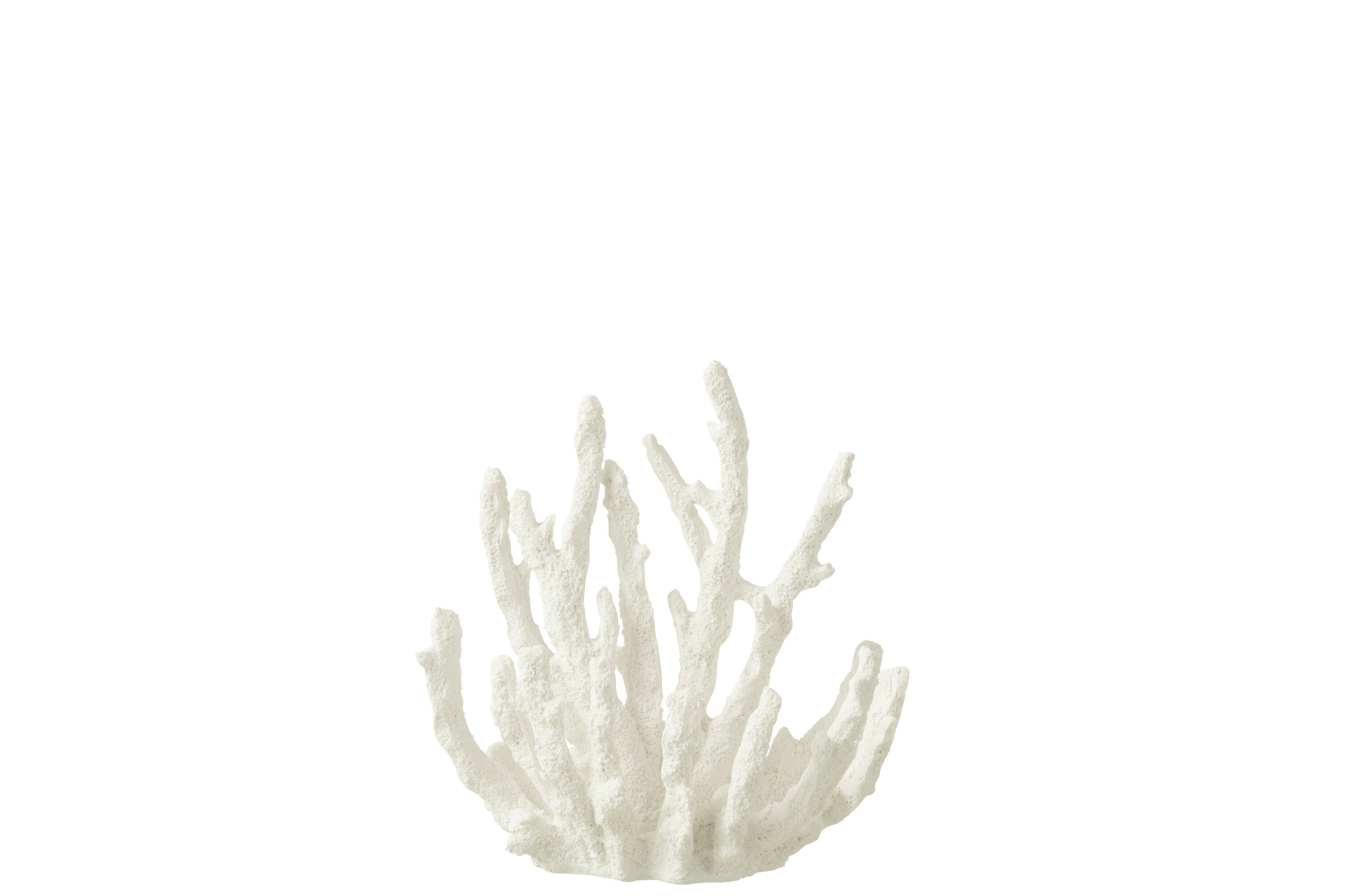 Corallo in resina bianco della linea "Oceano Azul" di Jolipa, una decorazione elegante di piccole dimensioni ideale per completare un arredamento in stile marinaro o coastal. L'oggetto ornamentale riproduce fedelmente le ramificazioni naturali del corallo marino ed è fotografato su uno sfondo bianco pulito.