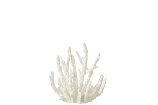 Corallo in resina bianco della linea "Oceano Azul" di Jolipa, una decorazione elegante di piccole dimensioni ideale per completare un arredamento in stile marinaro o coastal. L'oggetto ornamentale riproduce fedelmente le ramificazioni naturali del corallo marino ed è fotografato su uno sfondo bianco pulito.