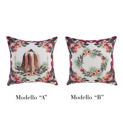 Due cuscini natalizi Blanc Mariclo su sfondo bianco: il Modello A raffigura un pandoro con candele, il Modello B una ghirlanda di pino e biscotti. Entrambi presentano bordi con trama tartan rossa.