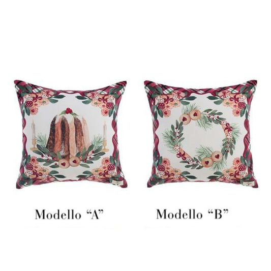 Due cuscini natalizi Blanc Mariclo su sfondo bianco: il Modello A raffigura un pandoro con candele, il Modello B una ghirlanda di pino e biscotti. Entrambi presentano bordi con trama tartan rossa.