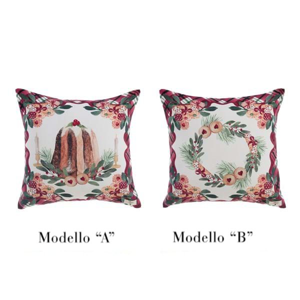 Due cuscini natalizi Blanc Mariclo su sfondo bianco: il Modello A raffigura un pandoro con candele, il Modello B una ghirlanda di pino e biscotti. Entrambi presentano bordi con trama tartan rossa.
