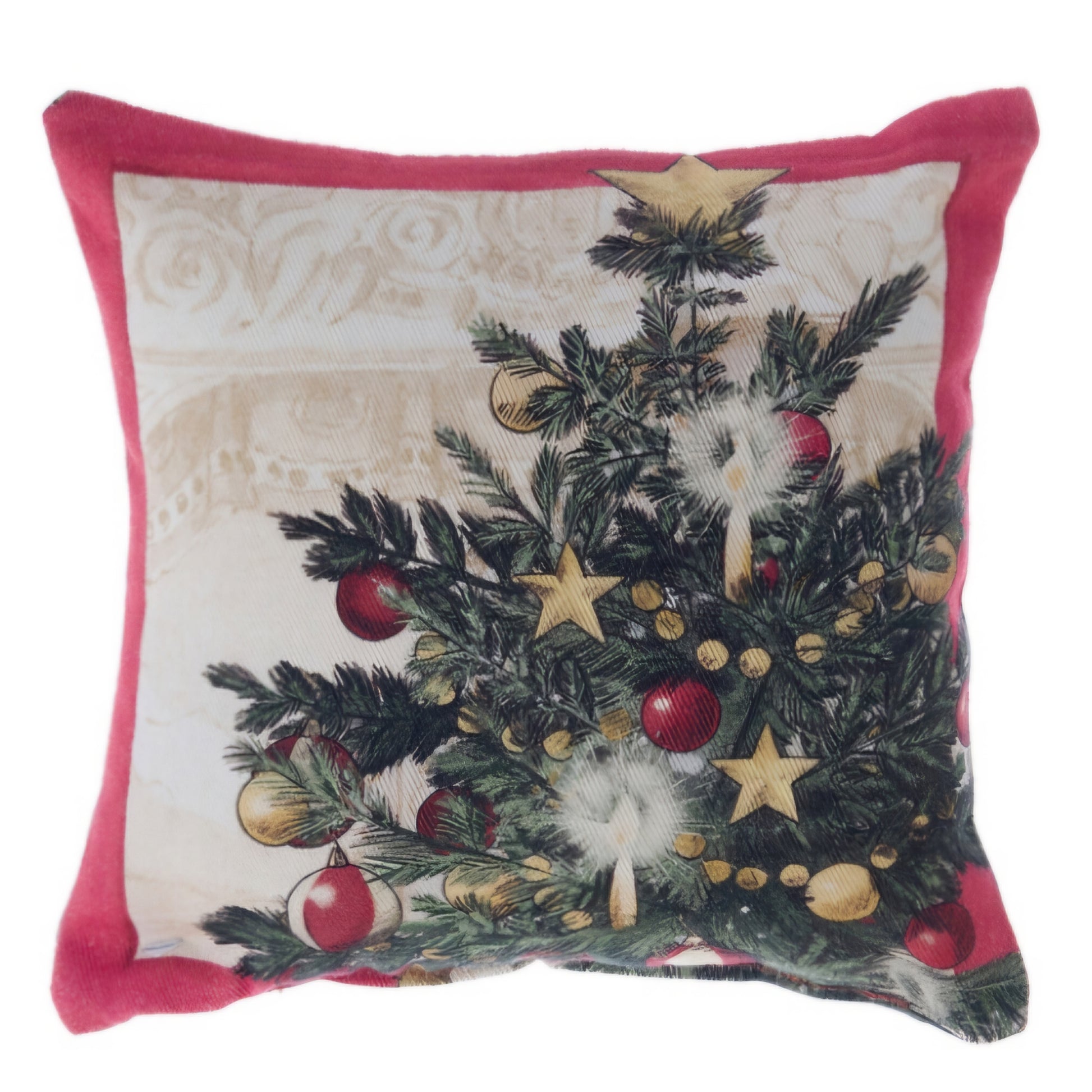 Cuscino decorativo profumato Blanc Mariclò con stampa di un albero di Natale addobbato. Bordatura rossa