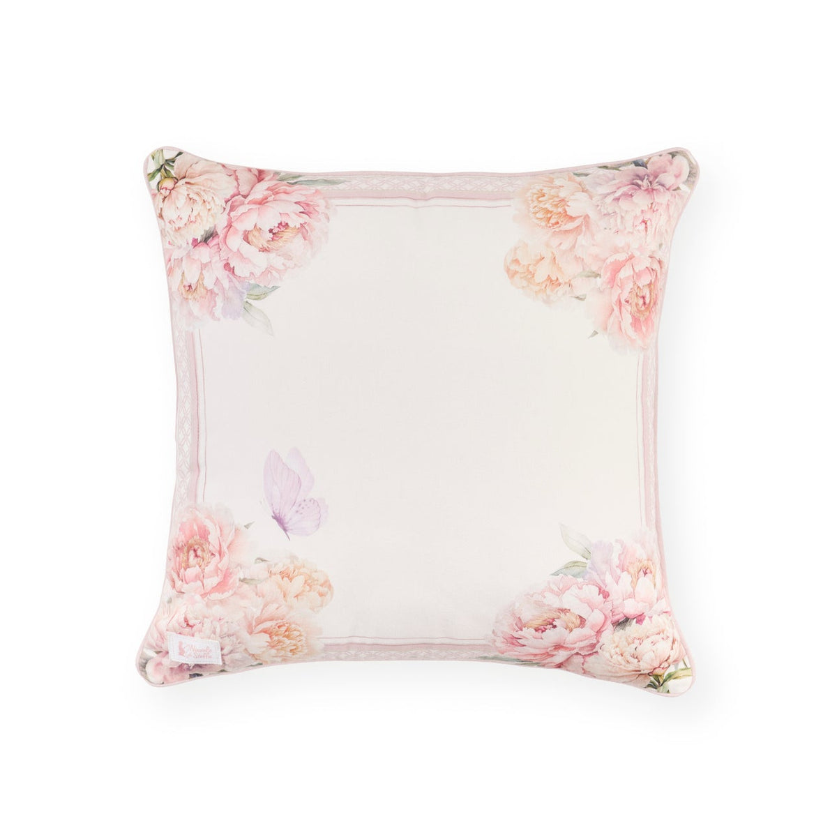 Cuscini Nuvole di Stoffa con stampa primaverile di grandi fiori rosa e peonie. Bordo rifinito con motivi ornamentali classici e cornice rosa cipria. 