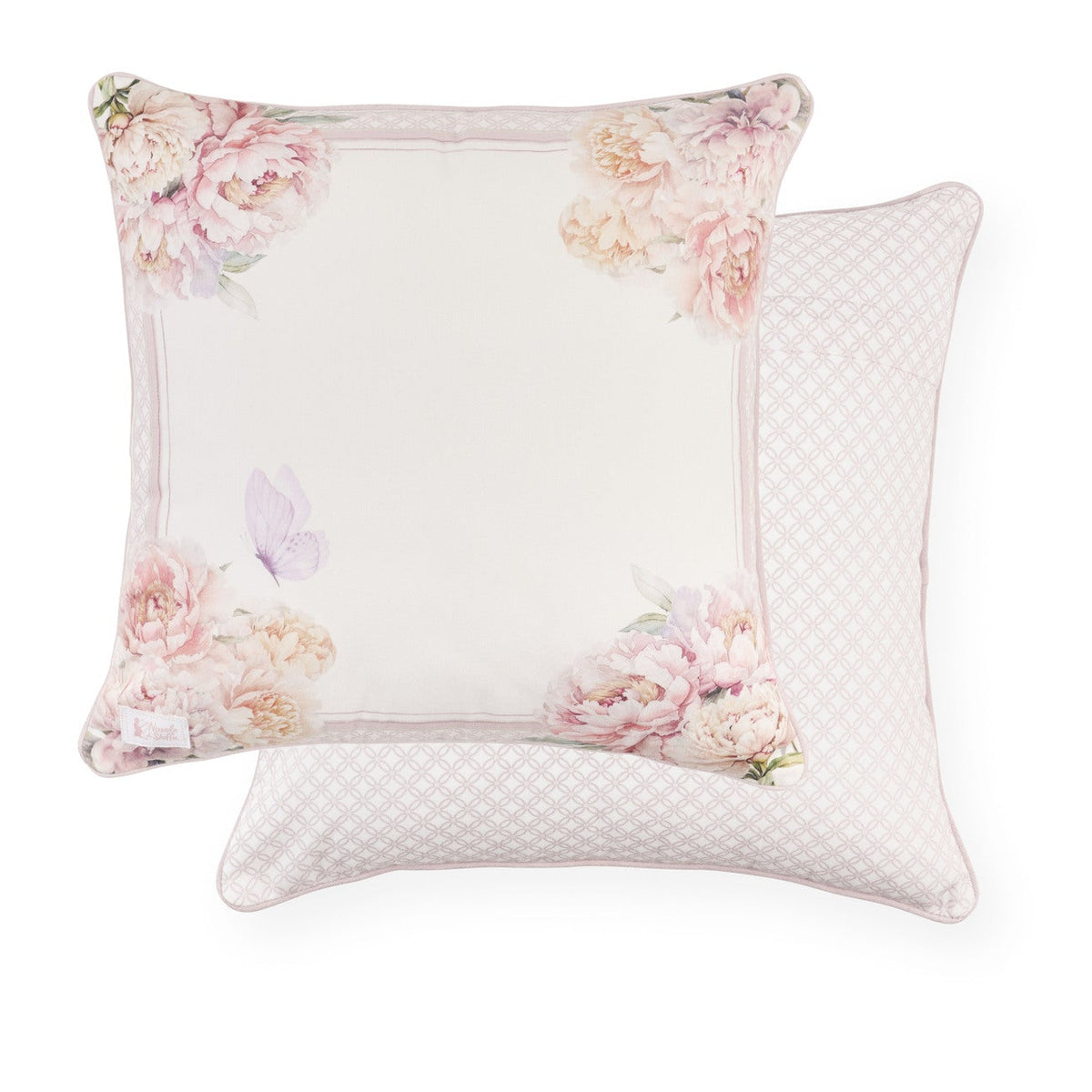Cuscini Nuvole di Stoffa con stampa primaverile di grandi fiori rosa e peonie. Bordo rifinito con motivi ornamentali classici e cornice rosa cipria. 