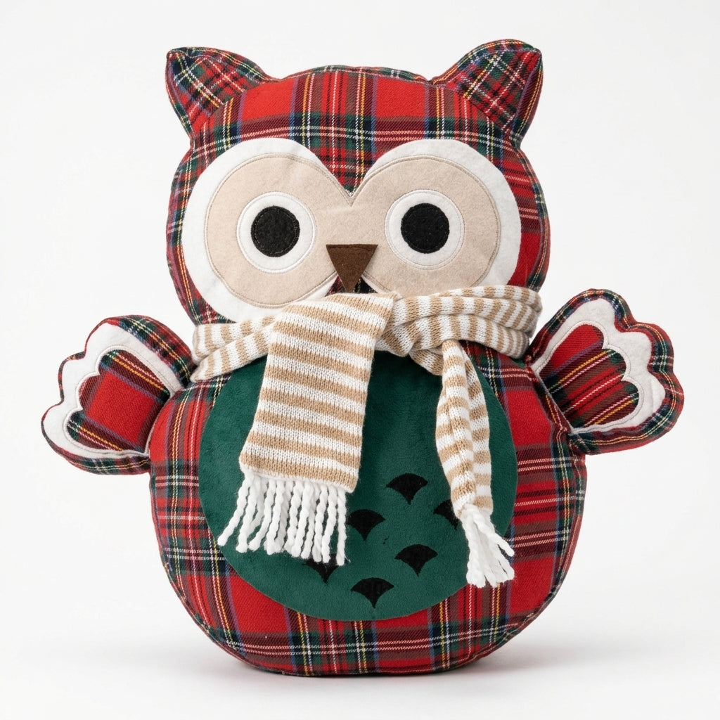 Cuscino decorativo a forma di gufo in tessuto tartan rosso e verde, con occhi ricamati e sciarpa a righe con frange. Complemento d’arredo invernale, ideale per l’home décor e come idea regalo.