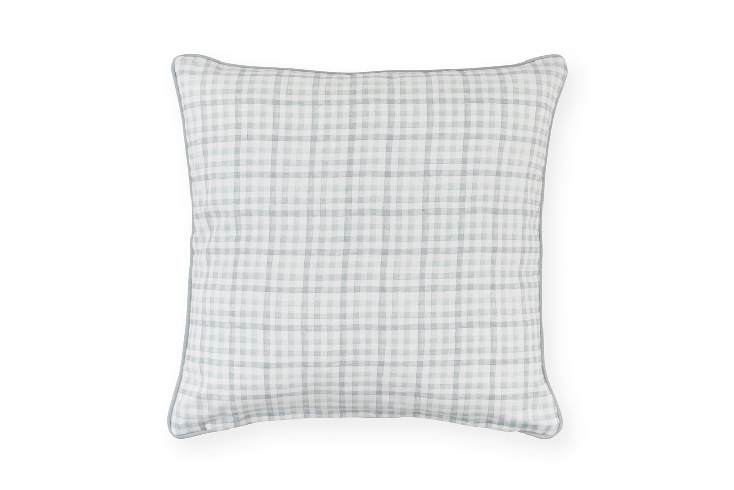 Retro del cuscino pasquale Nuvole di Stoffa in cotone celeste a quadretti vichy. Elegante tessile per Pasqua 2026.