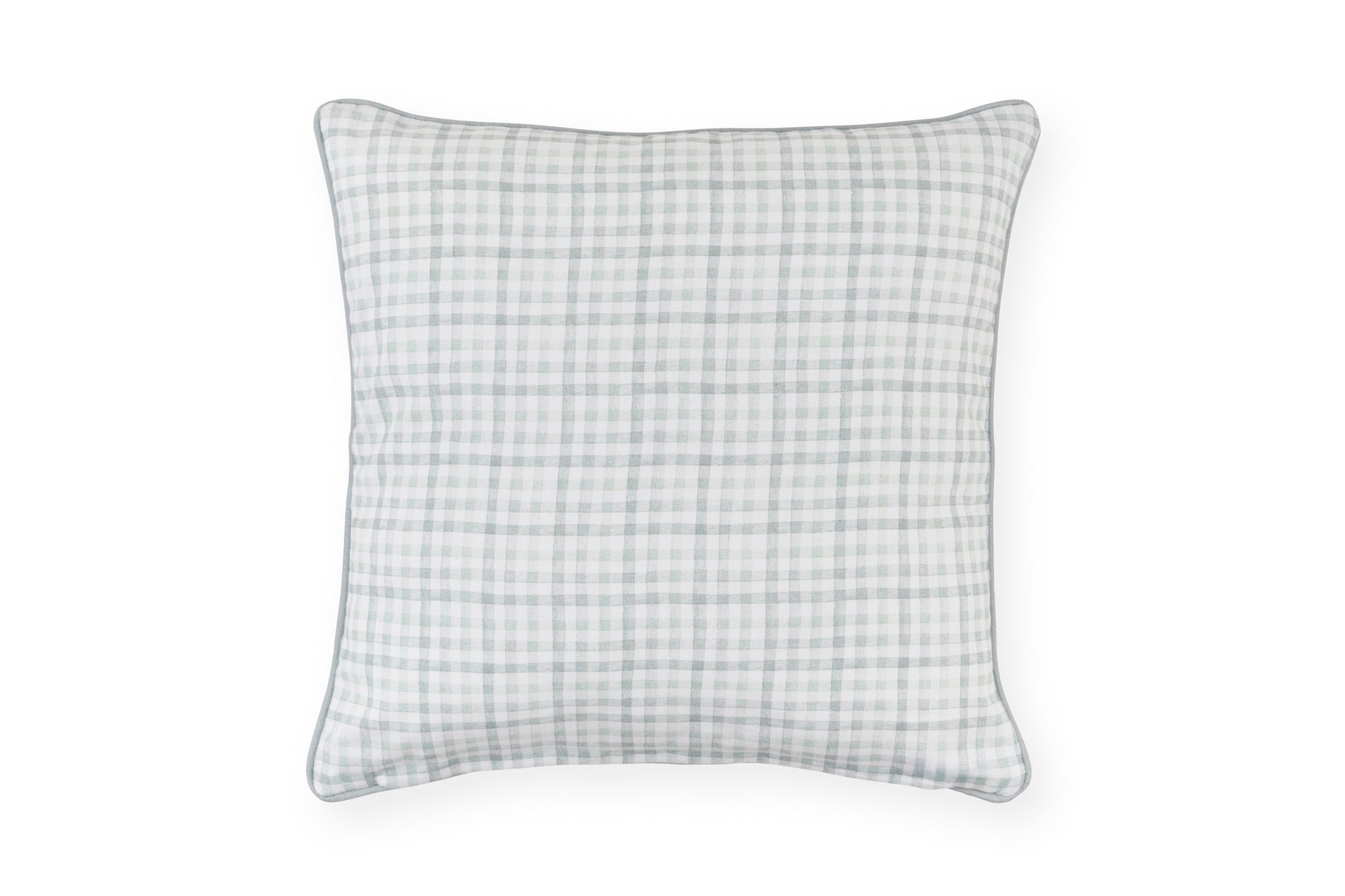 Retro del cuscino pasquale Nuvole di Stoffa in cotone celeste a quadretti vichy. Elegante tessile per Pasqua 2026.