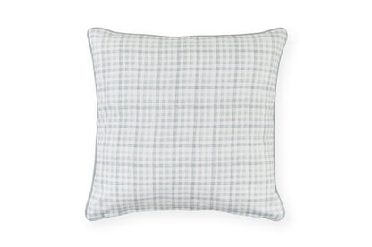 Retro del cuscino pasquale Nuvole di Stoffa in cotone celeste a quadretti vichy. Elegante tessile per Pasqua 2026.