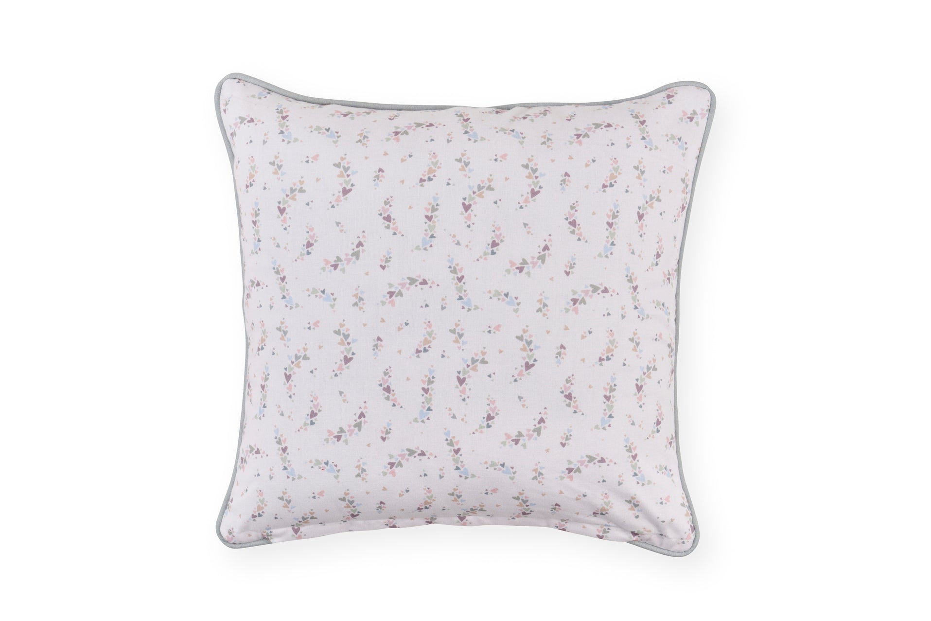 Retro del cuscino pasquale Nuvole di Stoffa in cotone con cuoricini pastello. Elegante tessile per Pasqua 2026.