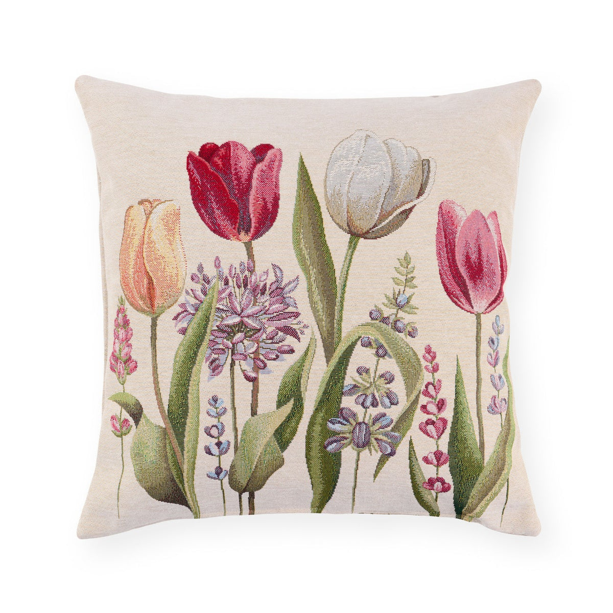 Cuscino primaverile Nuvole di Stoffa con stampa composta da tulipani colorati, piante e fiori. Tessuto elegante per la casa di Pasqua 2026