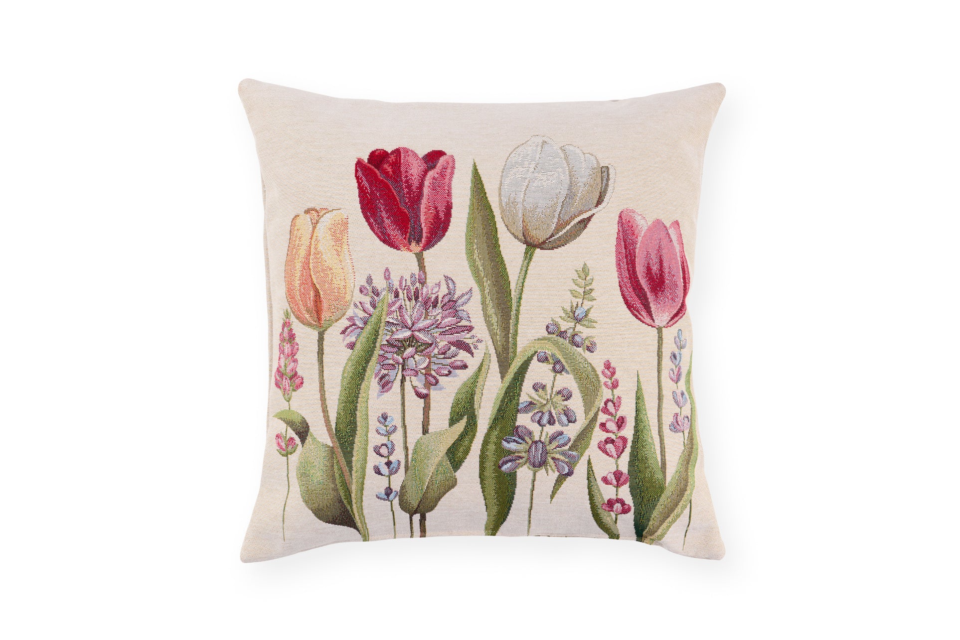 Cuscino primaverile Nuvole di Stoffa con stampa composta da tulipani colorati, piante e fiori. Tessuto elegante per la casa di Pasqua 2026
