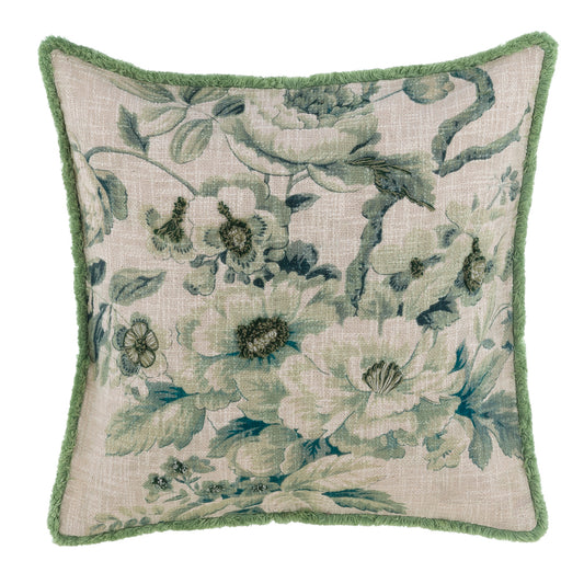 Cuscino Blanc Mariclo' linea Erborista in stile botanico vintage. Stampa con erbe officinali, fiori di campo e farfalle su fondo neutro. Arredo tavola elegante per un look naturale e country.