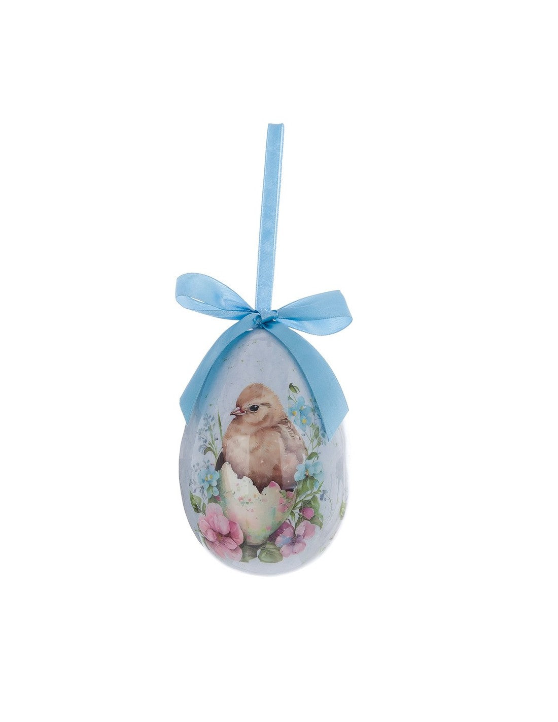 Decorazione pasquale Blanc Mariclò a forma di uovo celeste con nastro in raso coordinato. Il decoro centrale raffigura un pulcino che esce da un guscio fiorito, circondato da piccoli fiori rosa e azzurri in stile vintage.