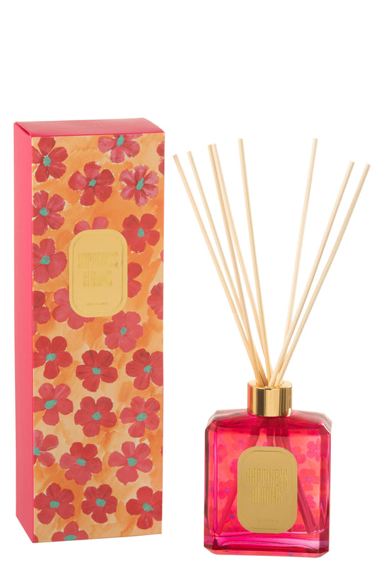 Il Diffusore per Ambienti "Happiness Blooms" Arancione Jolipa è un set di profumazione per la casa vibrante e passionale, che infonde energia e calore all'ambiente. Il flacone in vetro trasparente, riempito con una fragranza dalle intense sfumature rosa acceso/fucsia, mostra sul retro un motivo floreale dallo stile pop ed è rifinito con una lucida ghiera metallica color oro e bastoncini in legno chiaro. Una raffinata targhetta dorata frontale impreziosisce il corpo della boccetta.