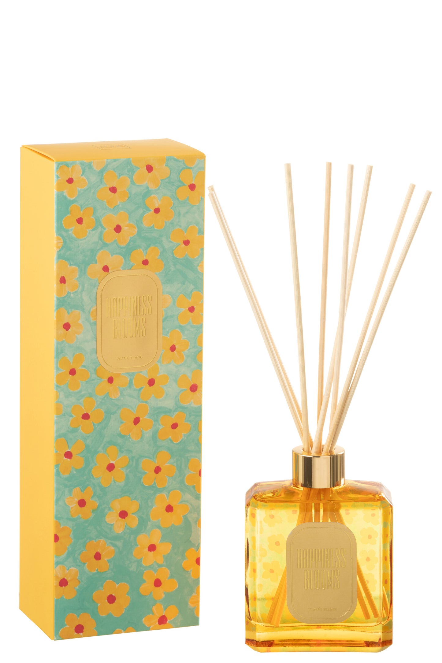 Il Diffusore per Ambienti "Happiness Blooms" Giallo Jolipa è un solare e vivace set di profumazione per la casa che esprime allegria fin dal primo sguardo. Il flacone in vetro trasparente, riempito con una fragranza dalle calde sfumature dorate, è decorato sul retro con un pattern floreale pop e completato da una lussuosa ghiera metallica lucida color oro e bastoncini in legno chiaro. Una targhetta dorata frontale ed elegante sigilla il design della boccetta. 