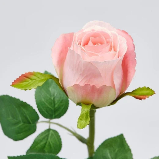 Ramo di rosa artificiale a bocciolo in tonalità assortite rosa e fucsia, con foglie verdi dentellate dai bordi rossastri. Elemento decorativo floreale, ideale per l’home décor e come idea regalo.