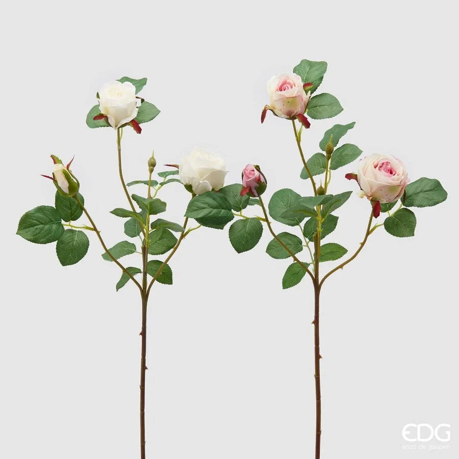Ramo di rose artificiali EDG in tonalità assortite bianco e rosa, con boccioli chiusi e foglie verdi dentellate su stelo ramificato. Elemento decorativo floreale, ideale per l’home décor e come idea regalo.