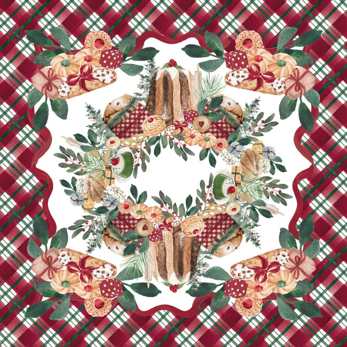 Foulard porta panettone natalizio Blanc Mariclò con stampa centrale di un panettone tradizionale decorato da ribes e candele. La cornice è composta da rami di pino e biscotti su un elegante bordo tartan rosso.