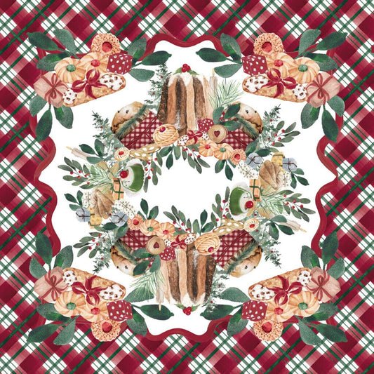 Foulard porta panettone natalizio Blanc Mariclò con stampa centrale di un panettone tradizionale decorato da ribes e candele. La cornice è composta da rami di pino e biscotti su un elegante bordo tartan rosso.