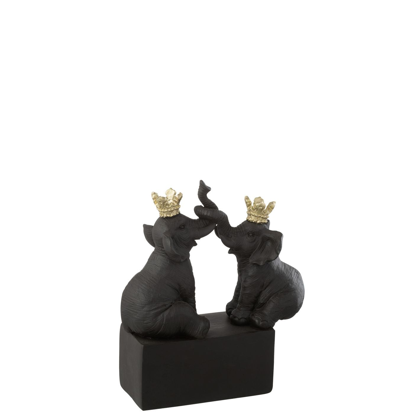 Statuina decorativa in resina scura raffigurante due elefanti seduti l'uno di fronte all'altro con le proboscidi intrecciate verso l'alto su una solida base rettangolare nera. Questa scultura da collezione presenta preziosi dettagli dorati grazie alle corone regali posizionate sulla testa dei due animali, rendendola un perfetto soprammobile portafortuna ed elegante elemento d'arredo per la casa.