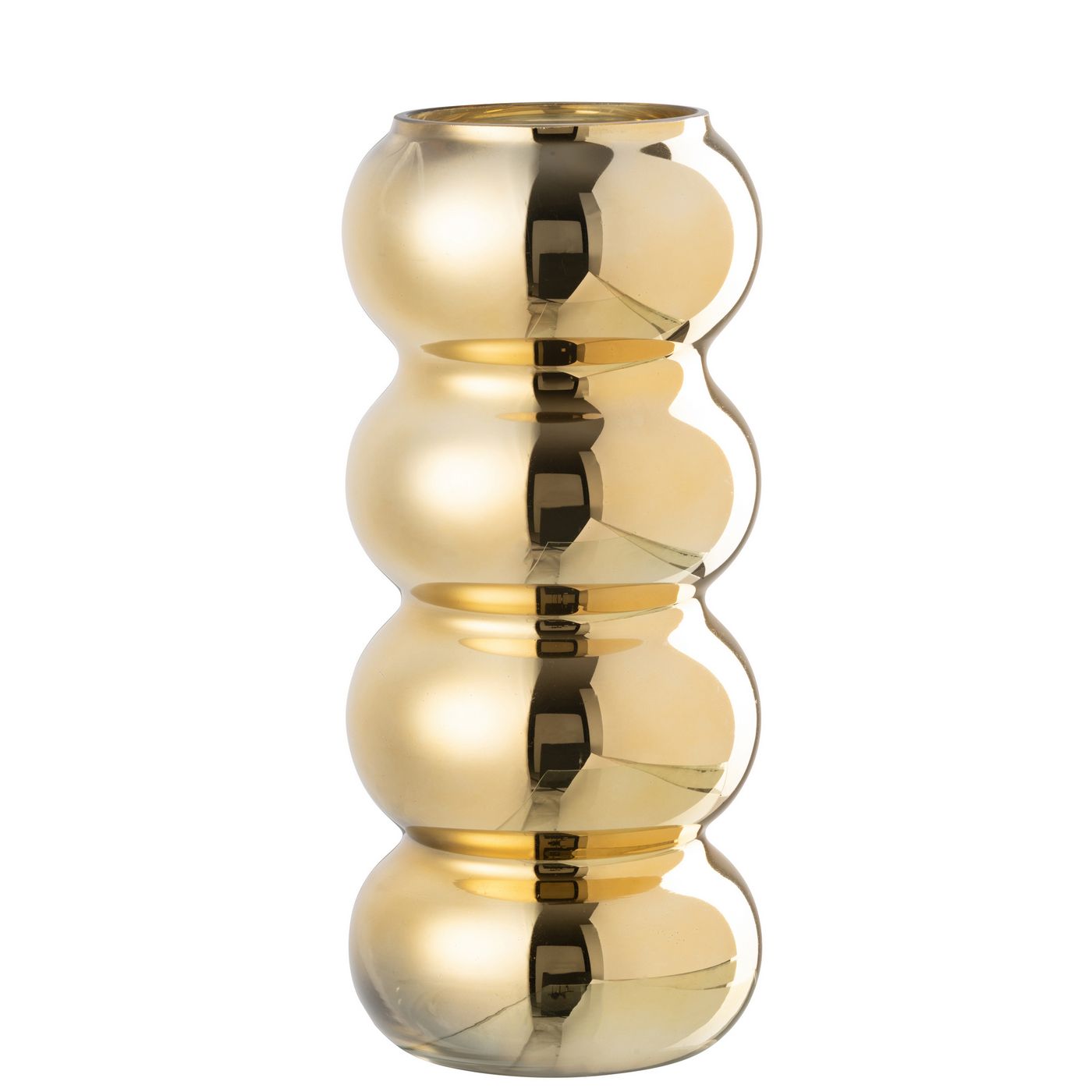 Vaso Bruco dorato con una lussuosa finitura metallica lucida a effetto specchio, caratterizzato da uno sviluppo verticale slanciato e un design moderno a quattro moduli sferici sovrapposti. Questo elegante complemento d'arredo per interni si sviluppa con una caratteristica forma sagomata a onde, ideale sia come vaso per fiori a stelo lungo sia come elemento decorativo di design per impreziosire la casa.