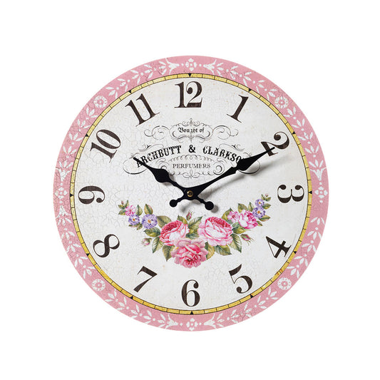 Questo elegante orologio da parete firmato L'Arte dei Nacchi si distingue per il suo design vintage con una cornice rosa decorata da delicati motivi floreali bianchi. Il quadrante effetto anticato è impreziosito da un raffinato bouquet di rose e scritte classiche in stile parigino, rendendolo un complemento d'arredo perfetto per ambienti Shabby Chic e romantici.