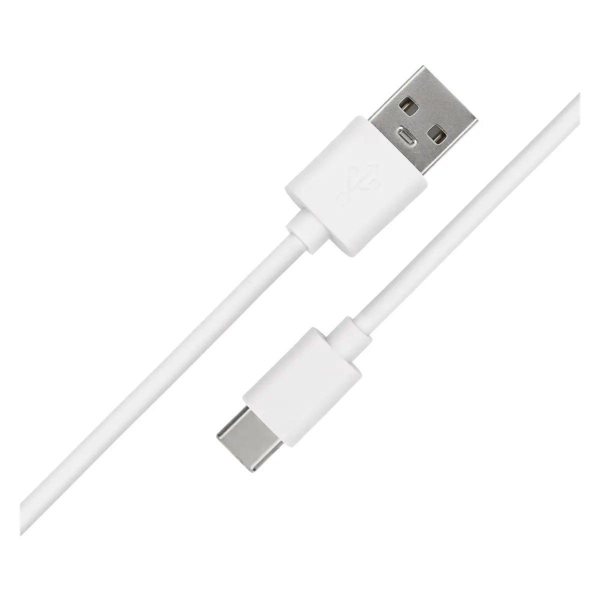 Cavo di ricarica bianco mostrato su sfondo neutro, dotato di un connettore USB standard (USB-A) a un'estremità e un connettore USB-C all'altra.