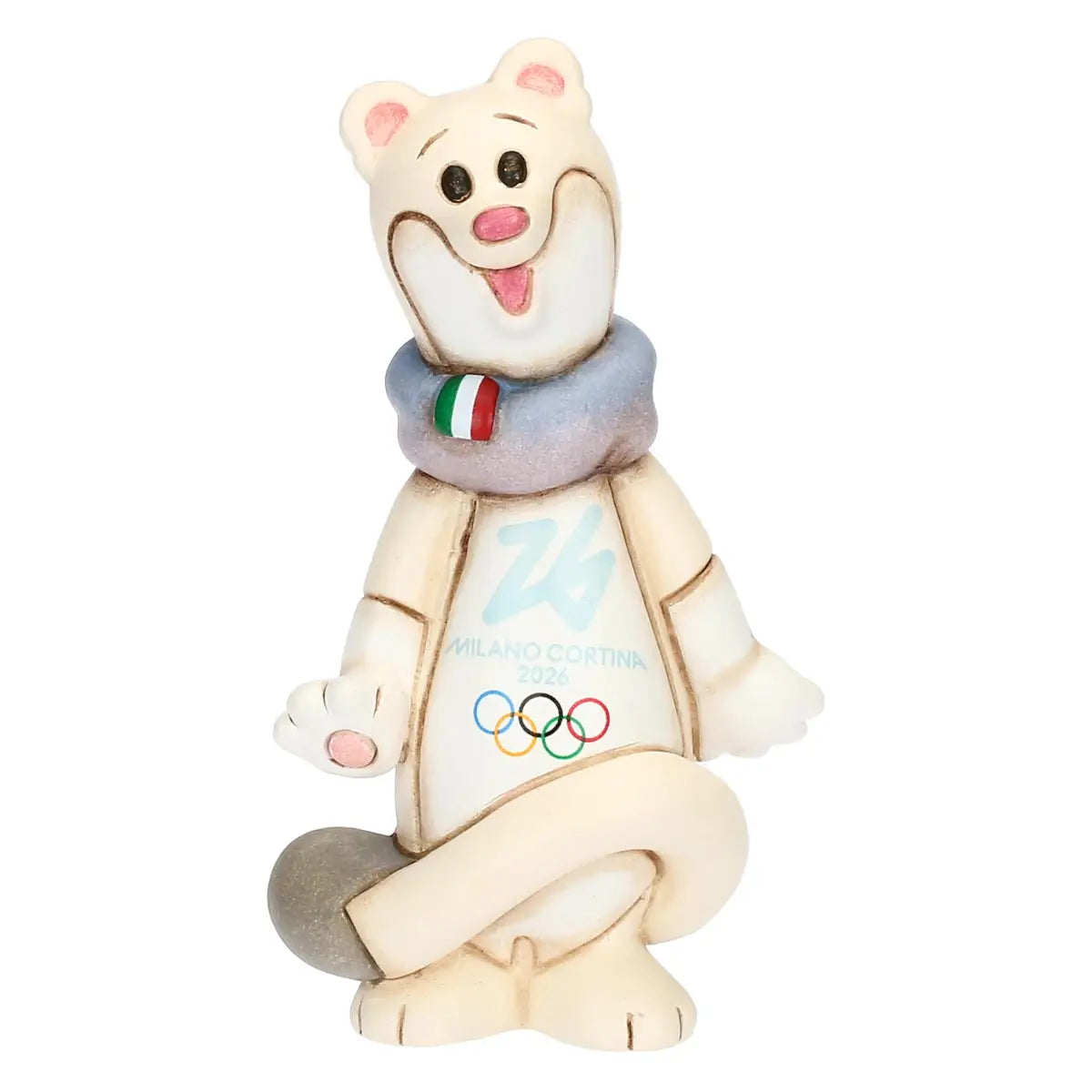 Mascotte Tina in ceramica per le Olimpiadi Milano Cortina 2026. Ermellino bianco con sciarpa azzurra e bandiera italiana, loghi ufficiali e cerchi olimpici sul petto. Vista frontale.